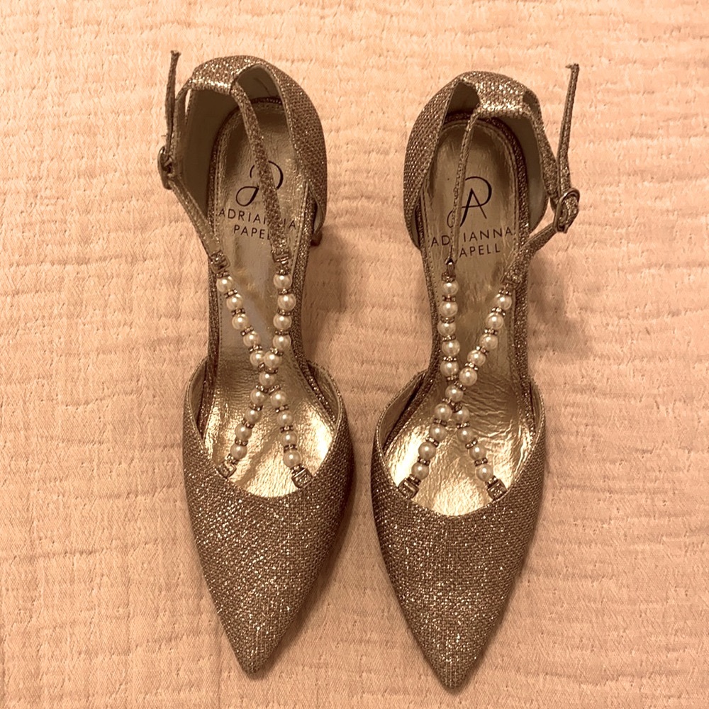 Adrianna Papell gold glitter shoes with pearls